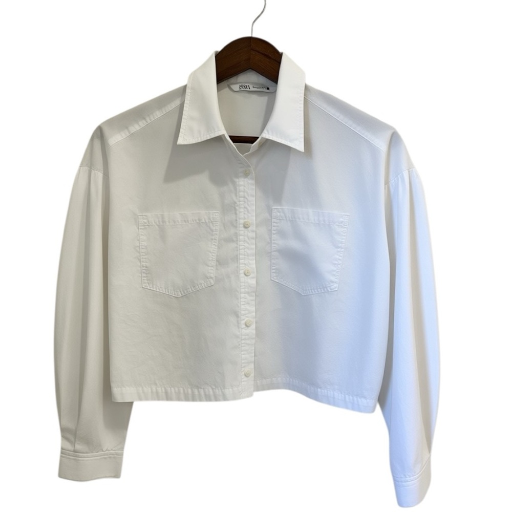 ZARA White Boxy Cropped Button-Down Shirt - Picture 2 of 4